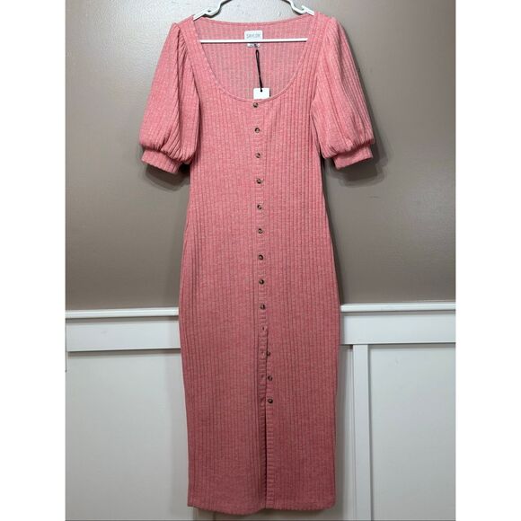 NWT SAYLOR Malavika Knitted Puff Sleeve Scoop Neckline Cardigan Midi Dress M - Picture 3 of 13